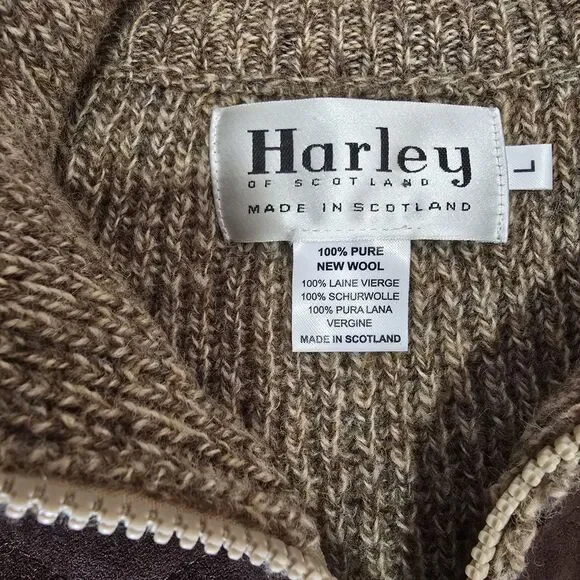 Harley Of Scotland Vintage Mens Full Zip Wool Faux Suede Patch Hunting Sweater L